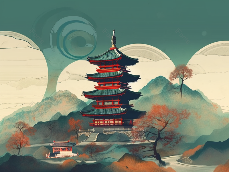 古城古代建筑黄色天空山顶水墨写意淡雅古典主义绘画,插画/手绘图,插画/手绘图库,插画/手绘图下载,插画/手绘